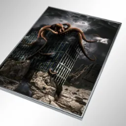 Ilustracja w ramce przedstawiająca zrujnowany budynek obrośnięty skałami, nad którym góruje gigantyczna ośmiornica na tle burzowego nieba.