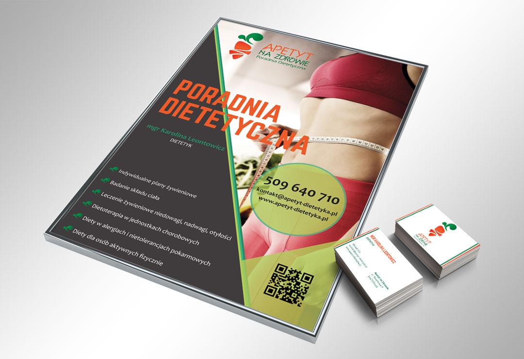 Projekt ulotki i wizytówek poradni dietetycznej z motywem zdrowego odżywiania i kobiecą sylwetką z miarką.