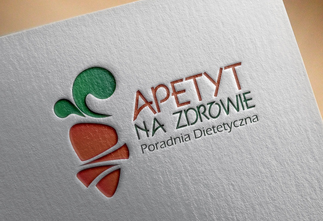 Wytłoczony na fakturowanym papierze logotyp Poradni Dietetycznej 'Apetyt na Zdrowie' z elementami graficznymi w kolorach zielonym i pomarańczowym.