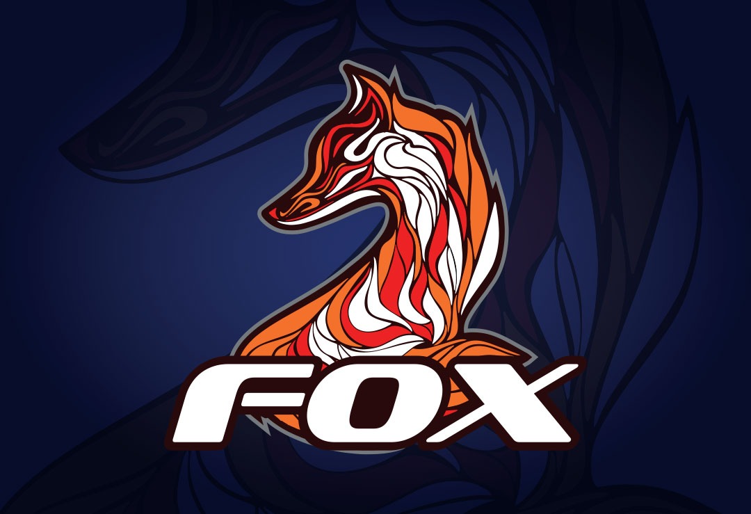 Stylizowany wizerunek lisa z wypełnieniem w odcieniach czerwieni, pomarańczy i bieli, poniżej napis 'FOX' na ciemnoniebieskim tle z abstrakcyjnym wzorem.
