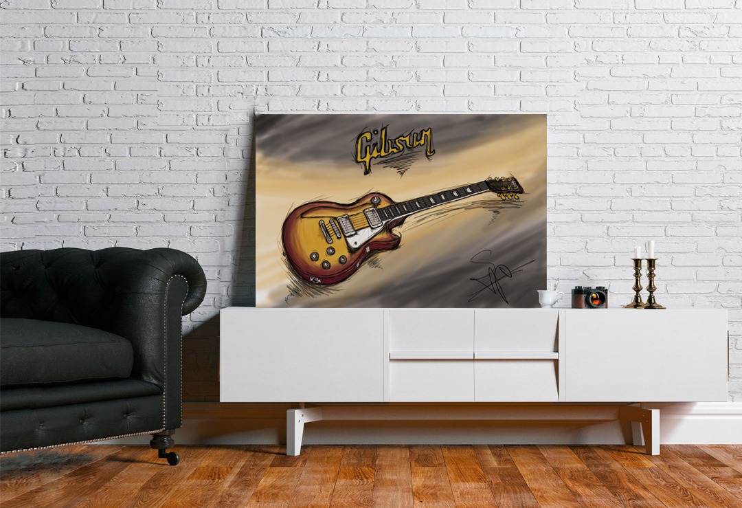 Ilustracja gitary Gibson Les Paul na płótnie, ustawiona na białej komodzie w salonie z ceglaną ścianą i czarnym skórzanym fotelem.