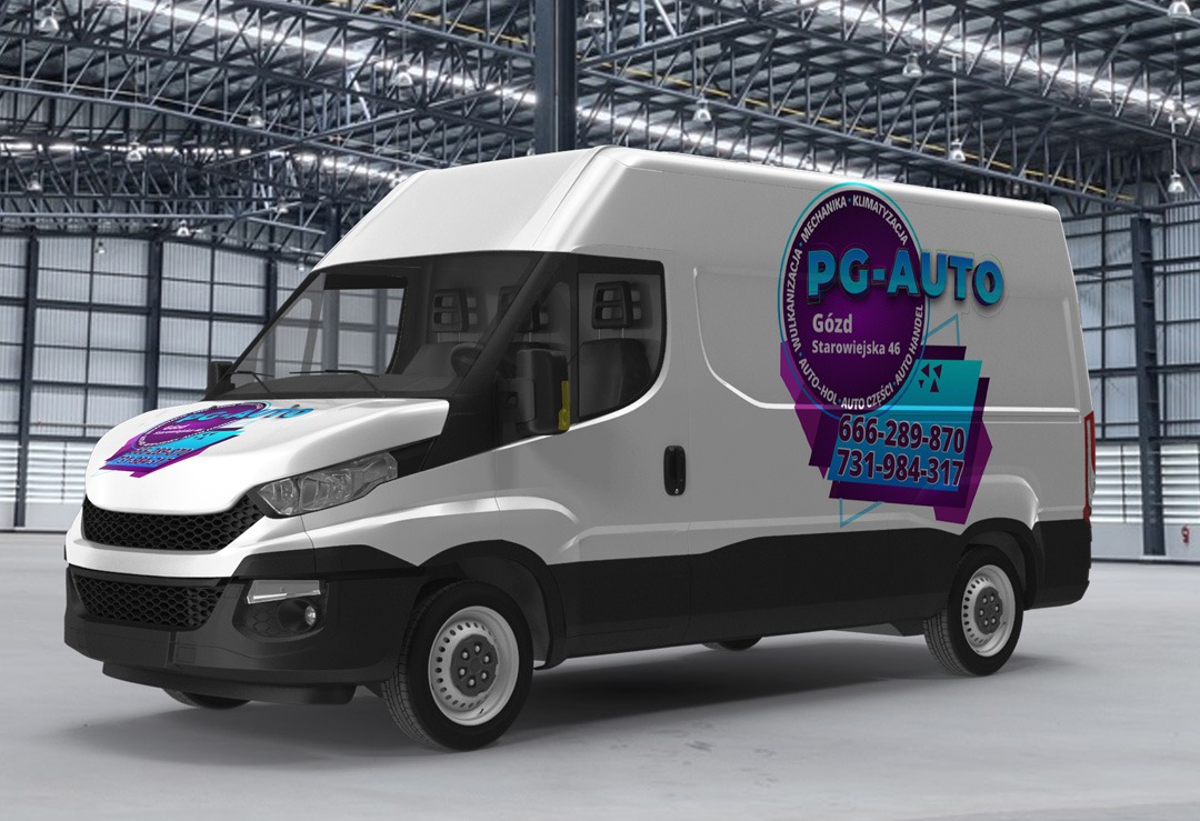 Wizualizacja oklejonego samochodu dostawczego z logo i danymi kontaktowymi firmy PG-AUTO, specjalizującej się w mechanice, klimatyzacji, wulkanizacji, auto-holowaniu, auto częściach i handlu...