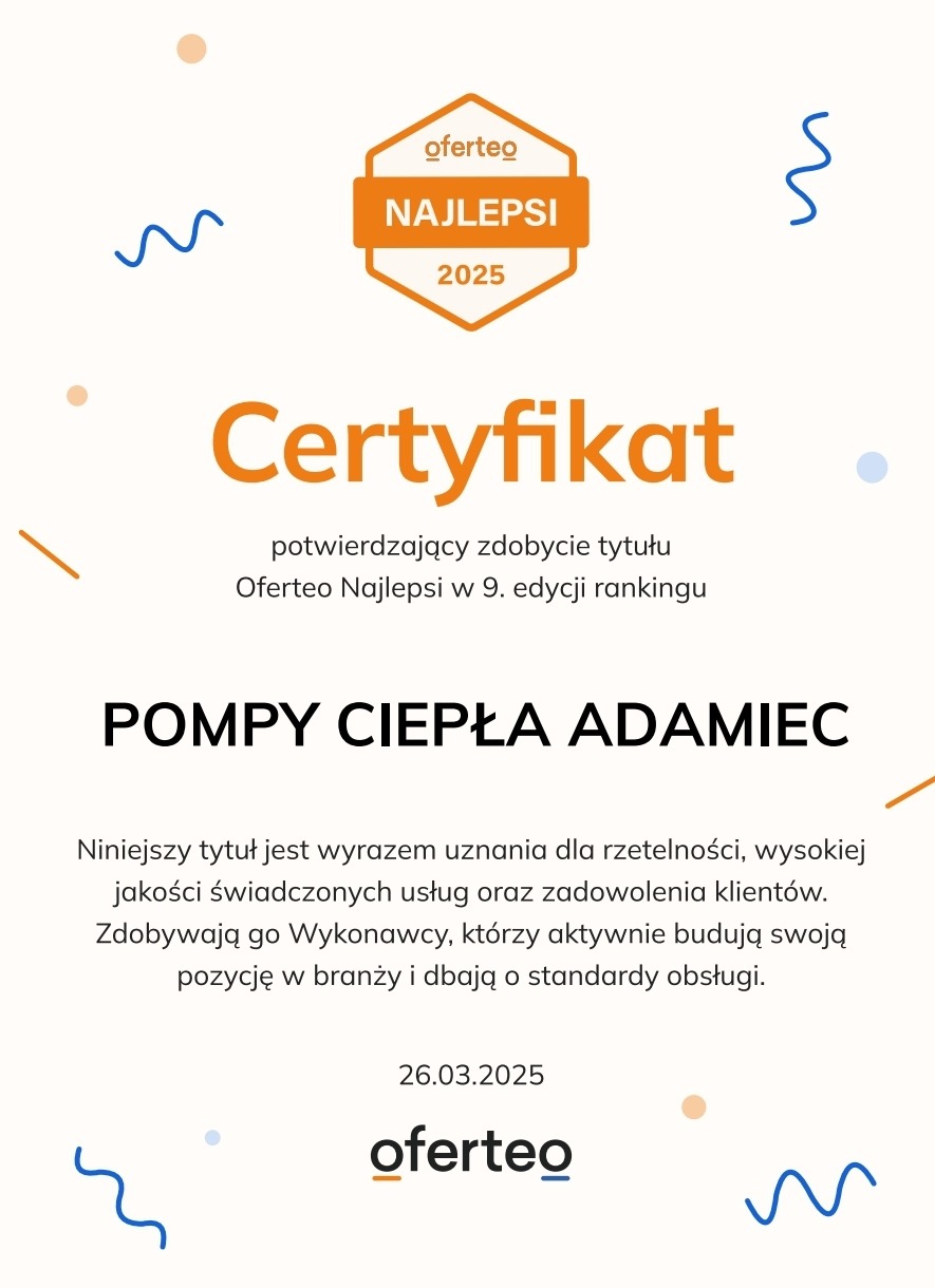 Certyfikat Oferteo Najlepsi 2025 dla firmy Pompy Ciepła Adamiec, potwierdzający wysoką jakość usług i zadowolenie klientów, przyznany w 9. edycji rankingu.