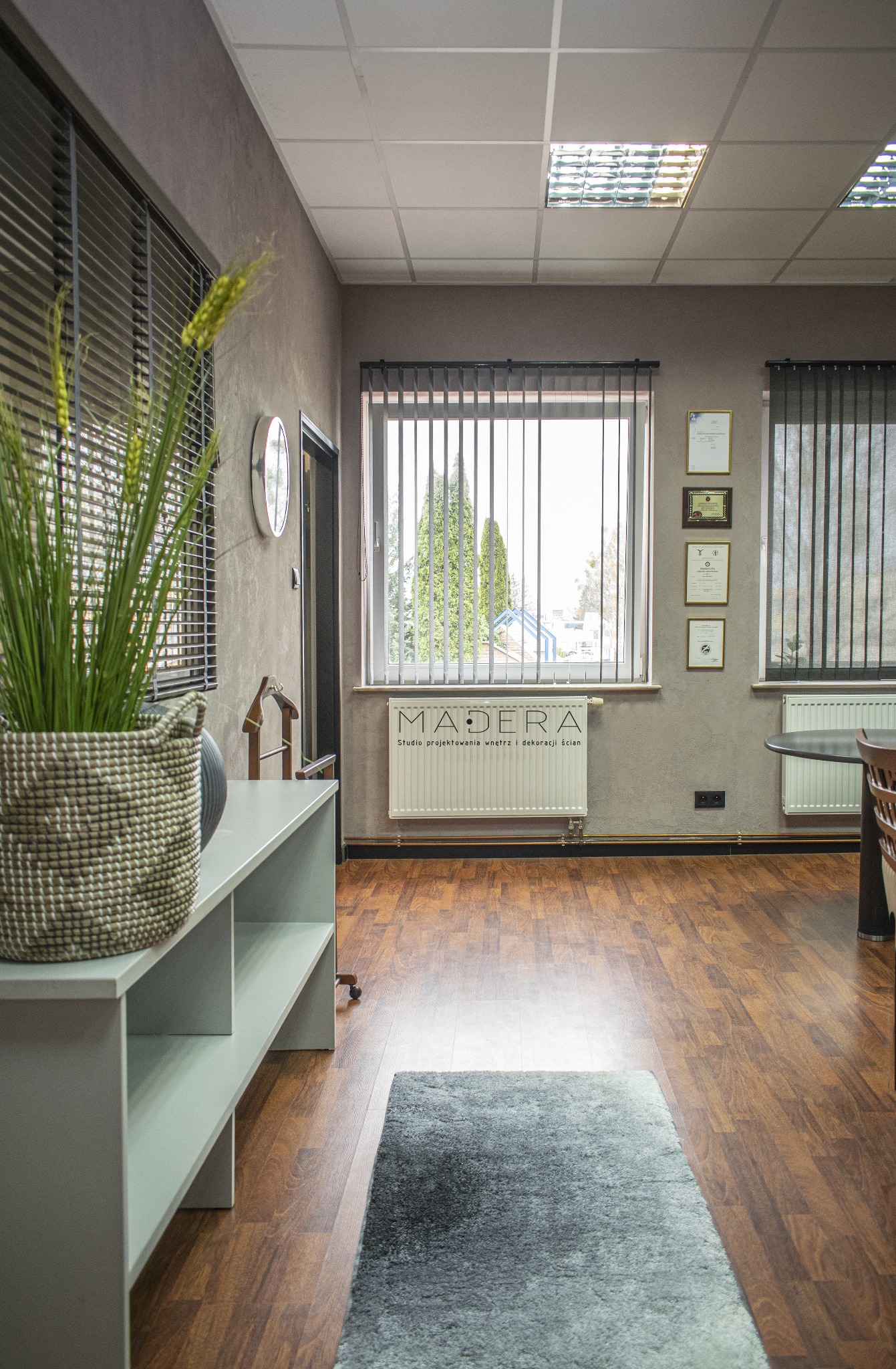 Jasne biuro z drewnianą podłogą i szarym dywanem. W oknie pionowe żaluzje, na ścianie certyfikaty. Na pierwszym planie regał z rośliną w plecionym koszu.