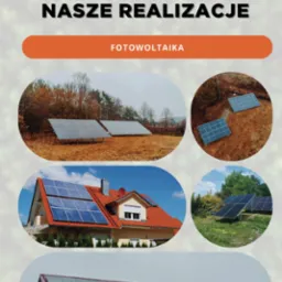 Kolaż zdjęć zrealizowanych instalacji fotowoltaicznych na różnych budynkach i w różnych lokalizacjach, z logo firmy Polska Energia S.A.