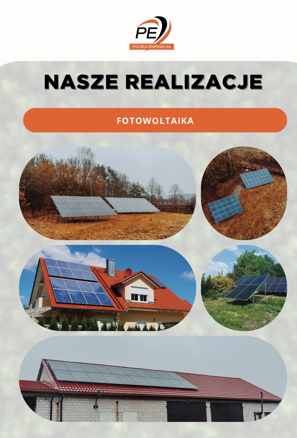 Kolaż zdjęć zrealizowanych instalacji fotowoltaicznych na różnych budynkach i w różnych lokalizacjach, z logo firmy Polska Energia S.A.