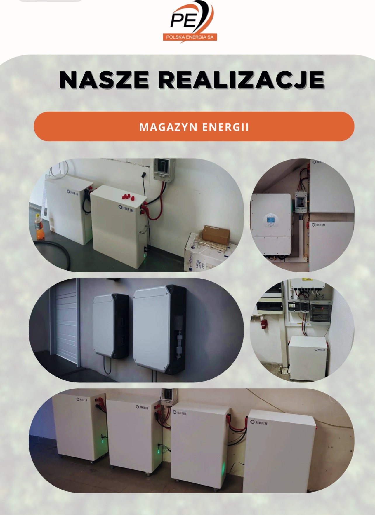 Realizacja magazynu energii: kilka ujęć baterii Power Lab, inwertera i instalacji elektrycznej. Układ w formie kolażu z napisem 'Nasze Realizacje'.