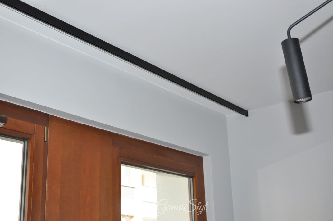 Fragment wnętrza z brązowymi drzwiami, czarną szyną sufitową i cylindryczną lampą wiszącą