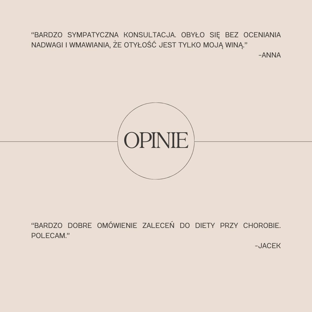 Grafika z pozytywnymi opiniami klientów dotyczącymi konsultacji, w tym o braku oceniania nadwagi i dobrym omówieniu zaleceń dietetycznych.