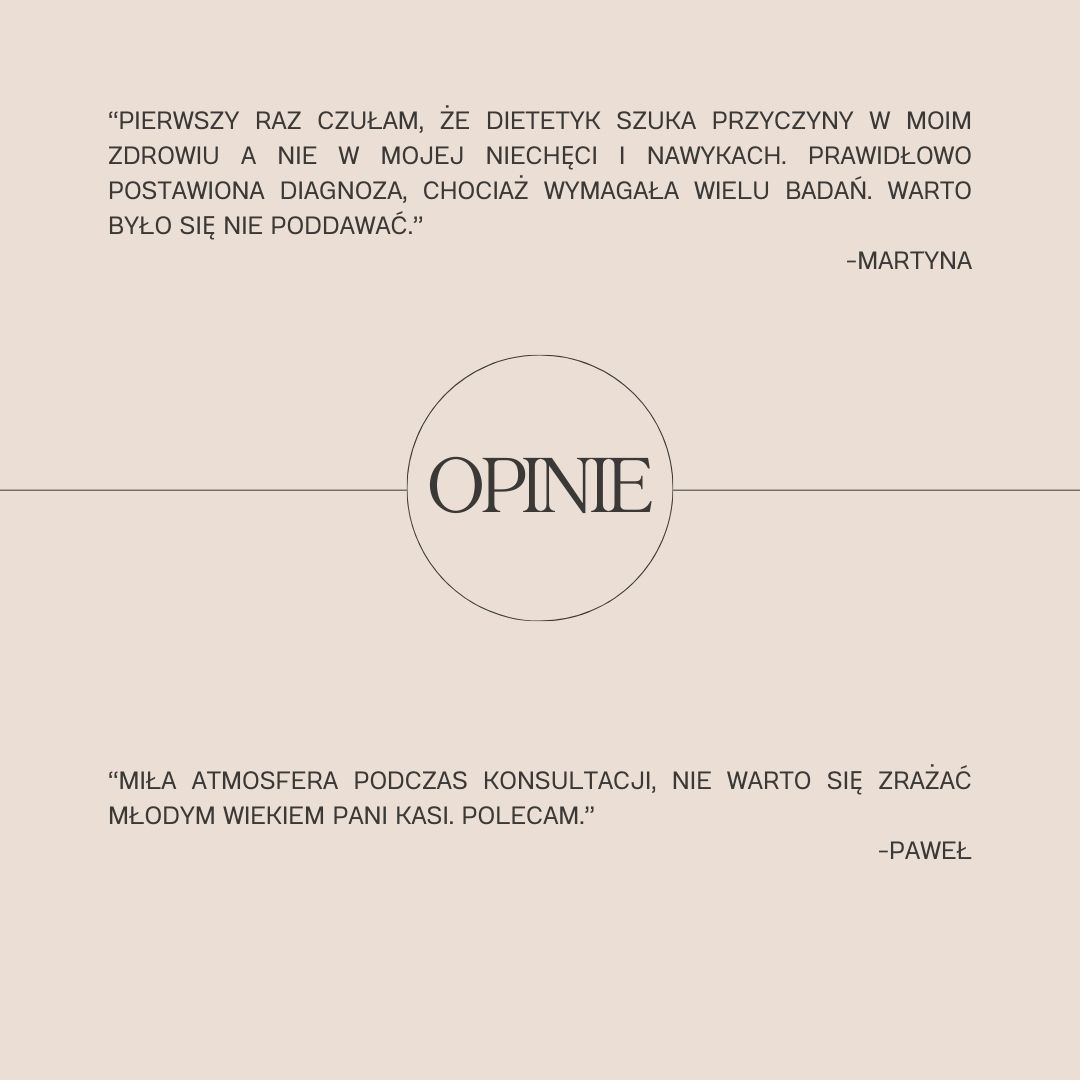Grafika z opiniami klientów: Martyna i Paweł chwalą konsultacje, diagnostykę i atmosferę. Tekst na beżowym tle.