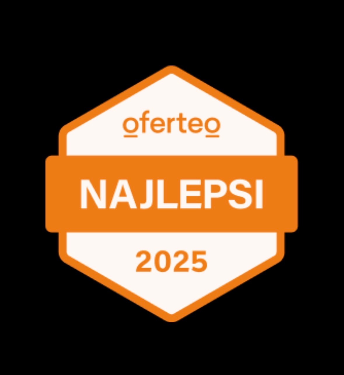 Nagroda Oferteo Najlepsi 2025 dla specjalistów z Crawley. Pomarańczowo-biały heksagon na czarnym tle, wyróżnienie dla profesjonalistów.