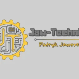 Logo firmy Jaw-Technika Patryk Jaworek z grafiką zębatki i schematu elektrycznego na szarym tle.