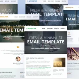 Kompozycja kilku projektów graficznych szablonów e-maili z minimalistycznym designem i różnymi motywami wizualnymi, prezentowanych na jasnym tle.