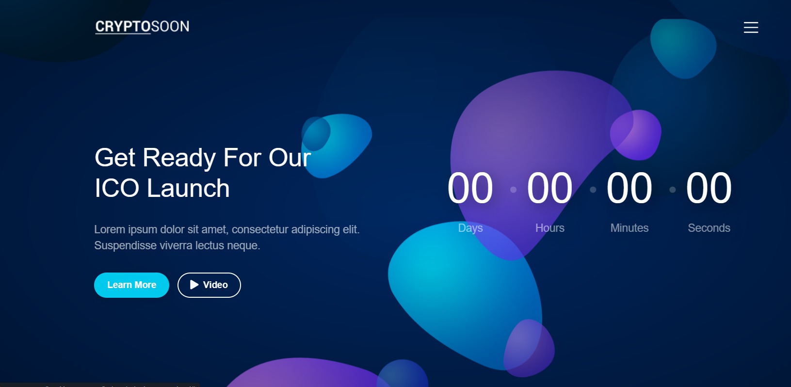 Landing page z odliczaniem do premiery ICO, z minimalistycznym designem i abstrakcyjnymi kształtami w odcieniach niebieskiego i fioletu.