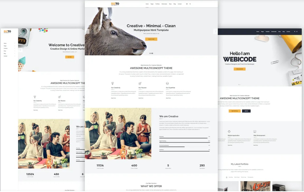 Wizualizacja responsywnego projektu strony internetowej z różnymi układami i elementami graficznymi, prezentująca nowoczesny design i interaktywne funkcje.