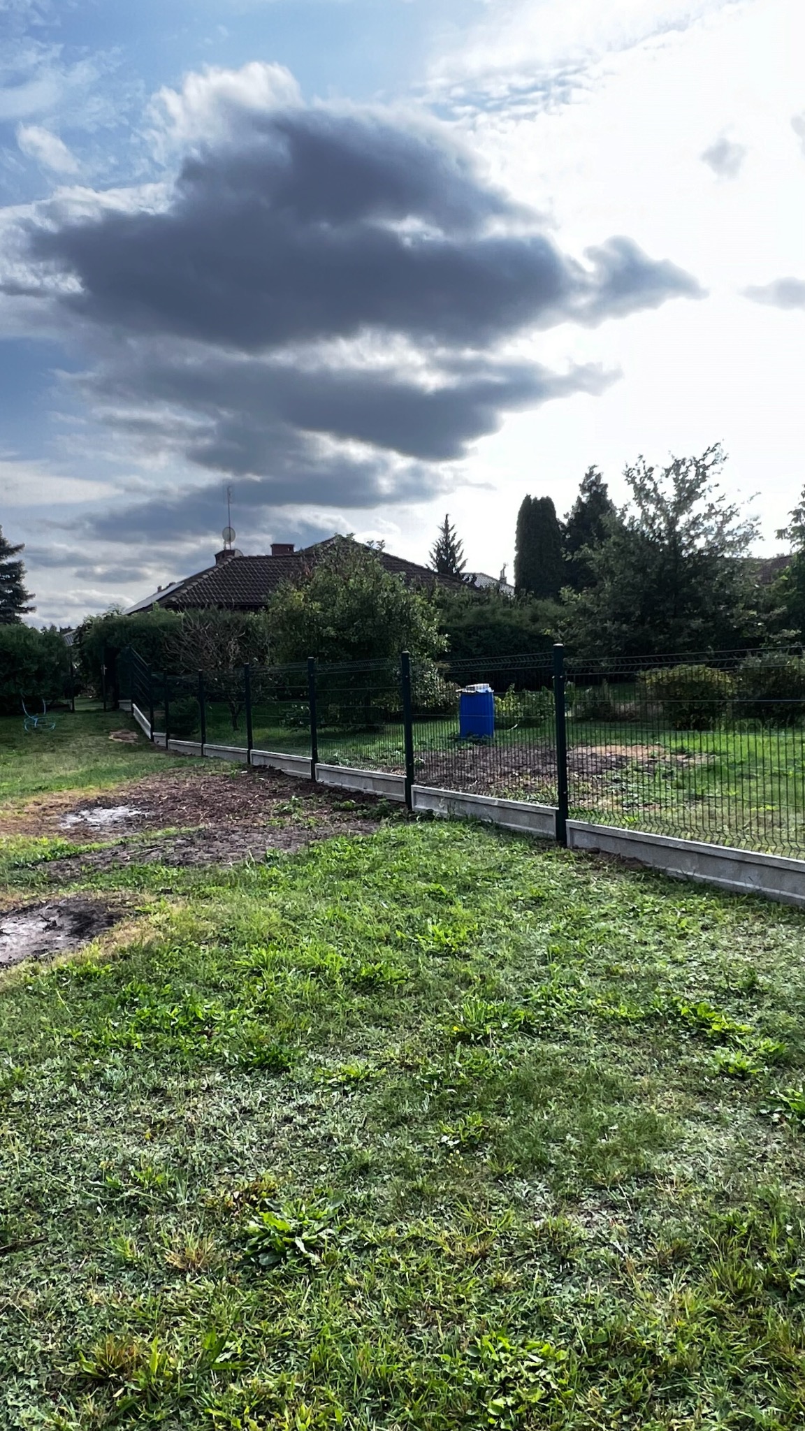 Zielone panele ogrodzeniowe z betonową podmurówką oddzielają trawnik od ogrodu z widocznym niebieskim zbiornikiem na wodę, tle dom z czerwoną dachówką i pochmurne niebo.