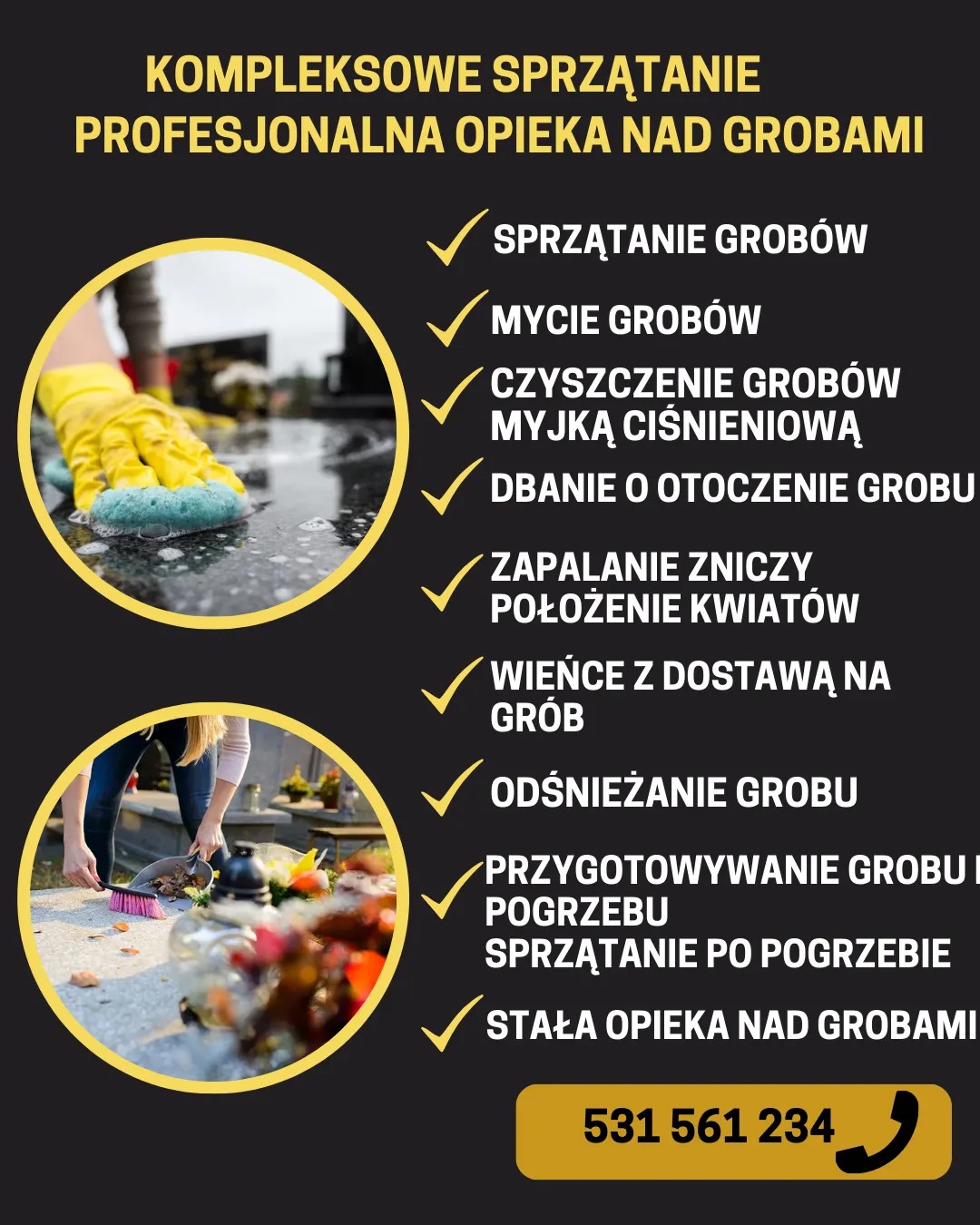 Grafika reklamowa usług sprzątania i opieki nad grobami: czyszczenie nagrobków gąbką w żółtej rękawicy, grabienie liści i sprzątanie po pogrzebie, z numerem telefonu kontaktowego.