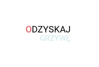 Napis 'ODZYSKAJ GRZYWĘ' na białym tle, z czerwonym 'O' w słowie 'ODZYSKAJ' i delikatnym, rozmytym odcieniem niebieskiego w słowie 'GRZYWĘ'.