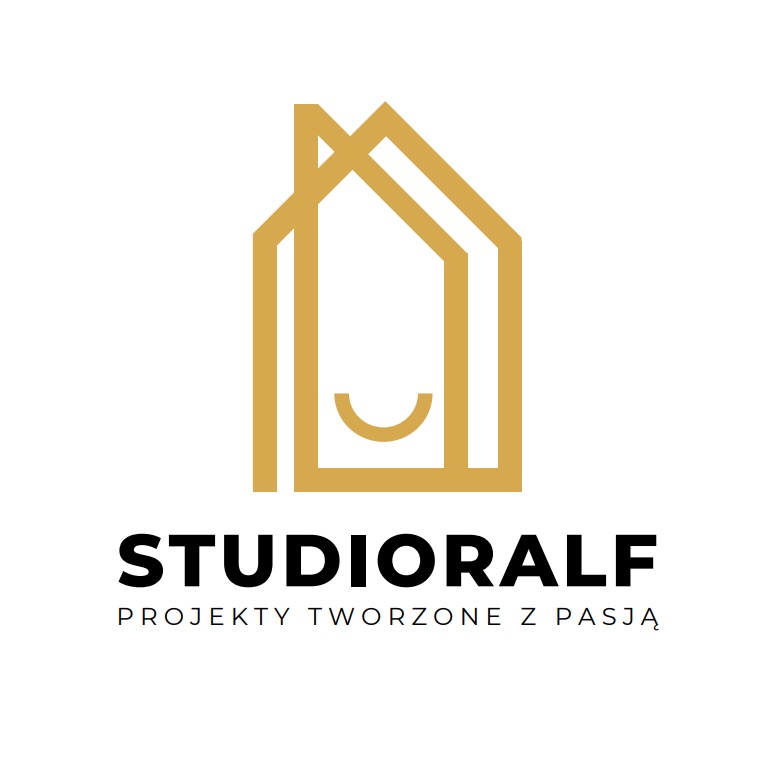 Logo firmy STUDIORALF z abstrakcyjnym symbolem domu w kolorze złotym i hasłem 'Projekty tworzone z pasją'.