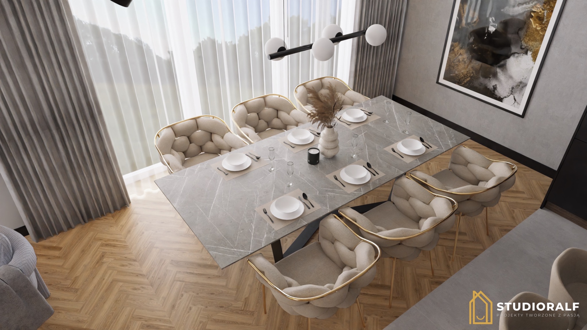 Jadalnia z marmurowym stołem i sześcioma krzesłami w stylu glamour, nakryta do posiłku, z widokiem z góry i dekoracyjnym oświetleniem.