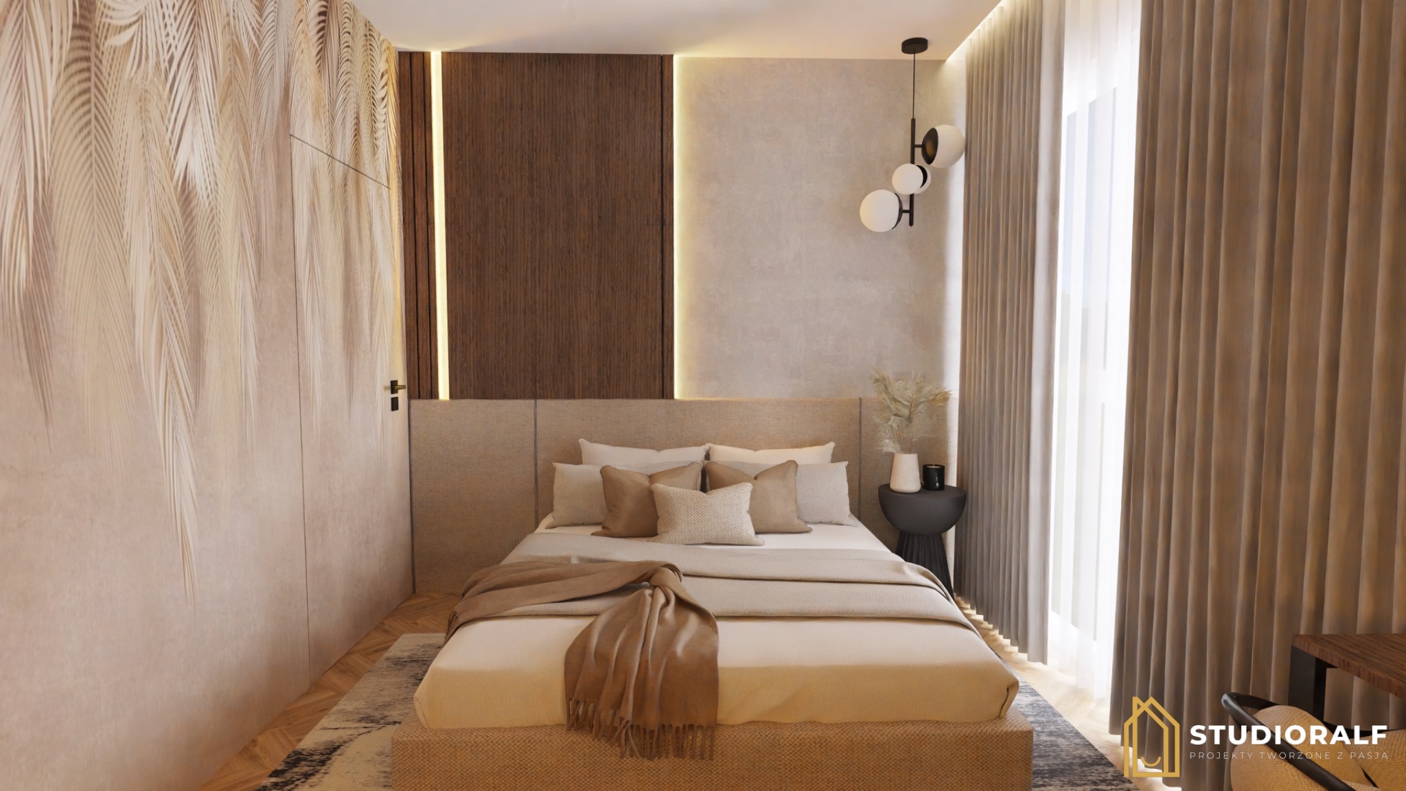 Elegancka sypialnia z łóżkiem w odcieniach beżu, dekoracyjną ścianą z motywem liści palmowych i drewnianymi panelami z oświetleniem LED, oświetlona nowoczesną lampą wiszącą i naturalnym światłem...