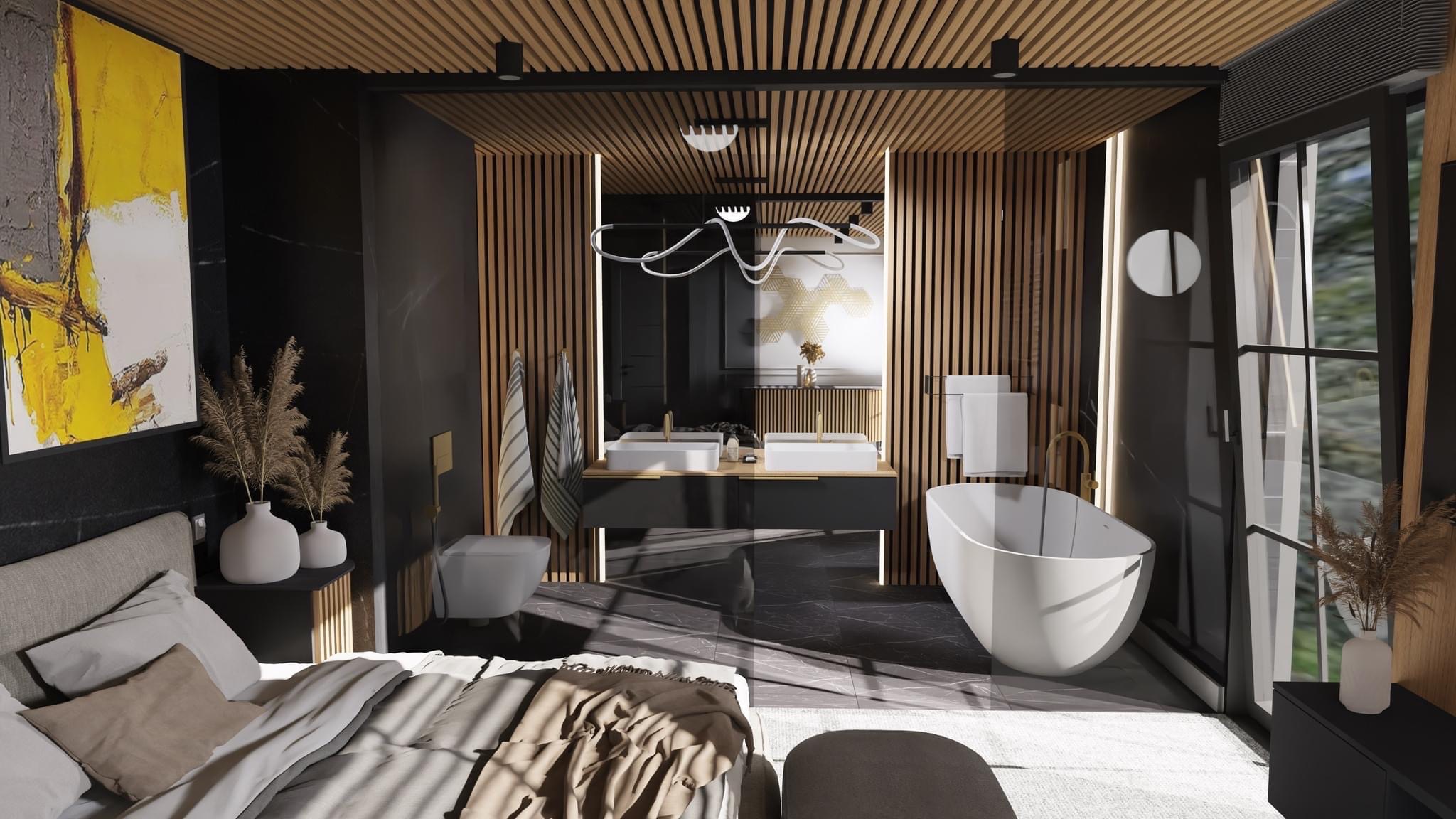 Nowoczesna sypialnia z łazienką: czarne ściany z marmurowym wzorem, drewniane panele na ścianie i suficie, wolnostojąca wanna, podwójna umywalka z czarną szafką, żółty obraz na ścianie, duże okno...