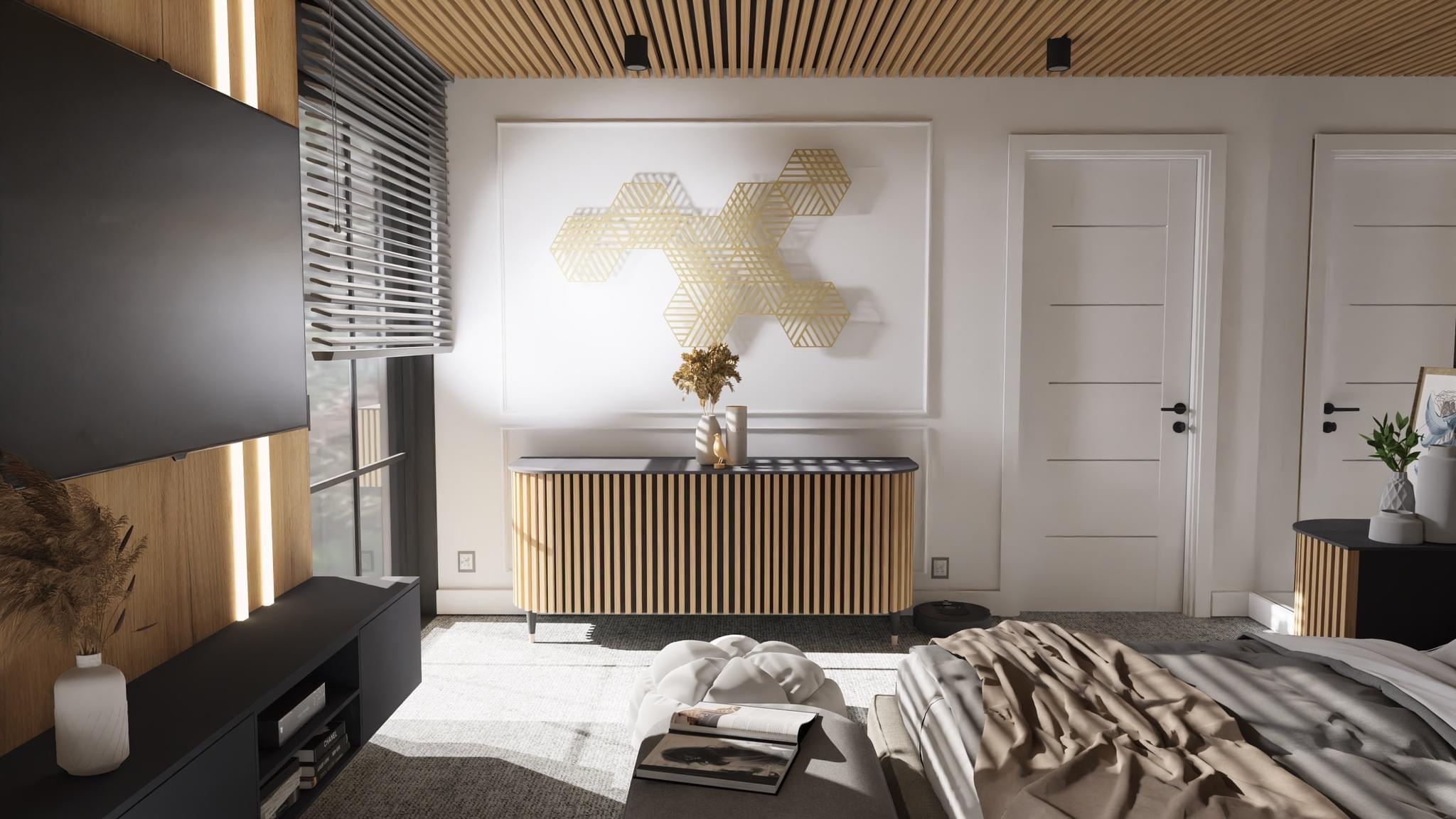 Nowoczesny salon z drewnianym sufitem, telewizorem z podświetleniem LED, komodą z lamelami i dekoracją ścienną z heksagonów.