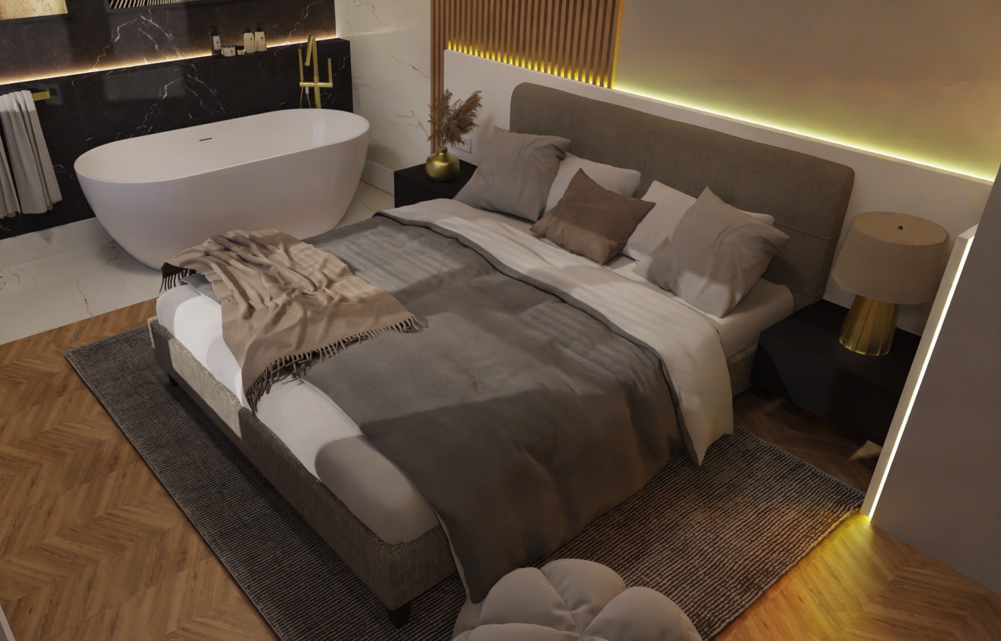 Nowoczesna sypialnia z wolnostojącą wanną w tle, oświetlenie LED podkreślające zagłówek łóżka i marmurowe wykończenie ściany za wanną.