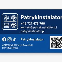 Patryk Brzeziński - Wizytówka firmy PatrykInstalator z ikonami klimatyzacji, numerem telefonu, adresem e-mail, stroną www, logotypem, kodem QR i danymi rejestrowymi.