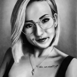 Czarno-biały portret kobiety z blond włosami w okularach, z delikatnym uśmiechem, widoczny tatuaż na dekolcie i srebrny krzyżyk na łańcuszku.
