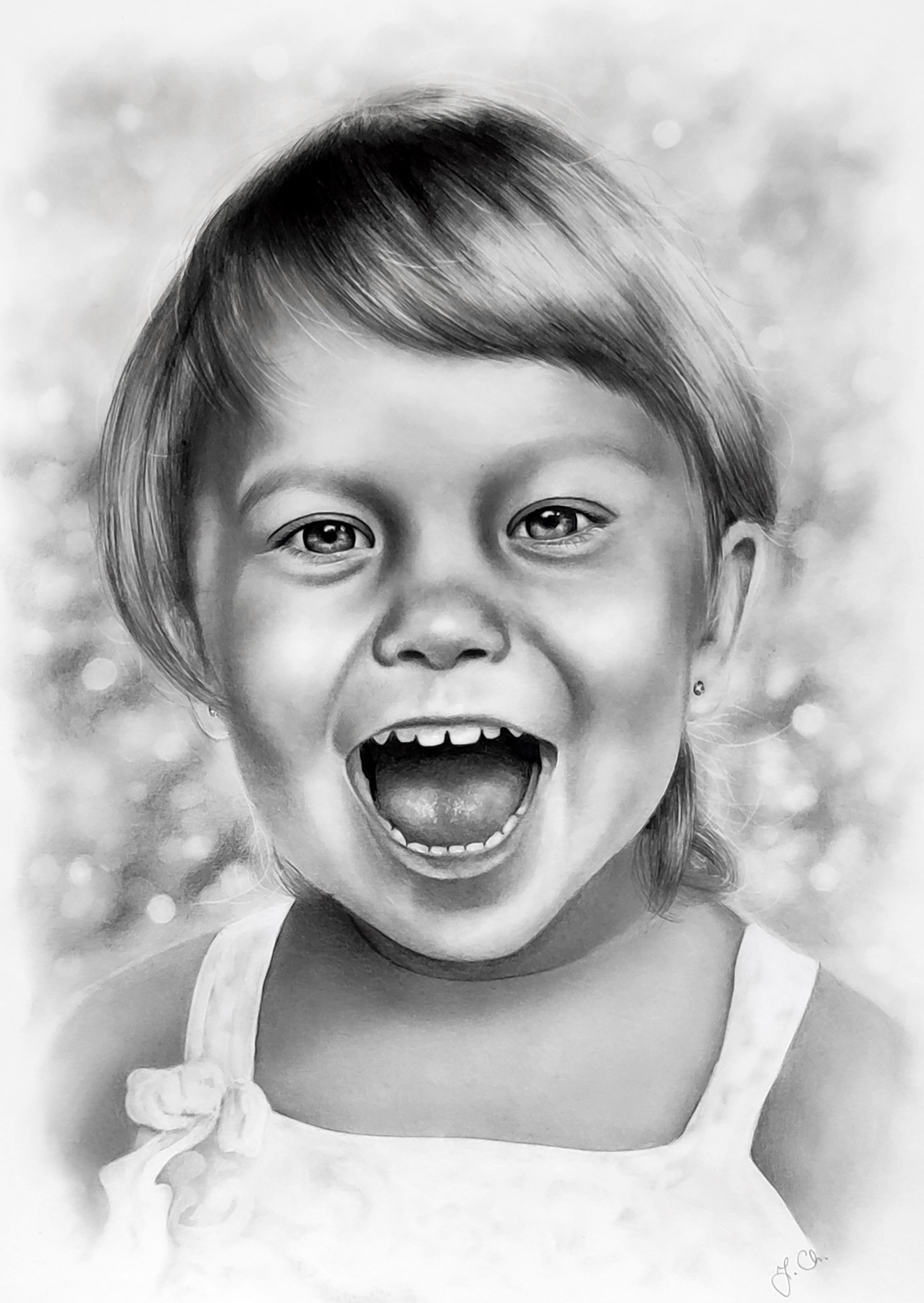 Czarno-biały portret dziewczynki z otwartymi ustami, ukazujący detale włosów i wyraz twarzy, wykonany techniką malarską.