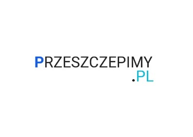 Logo firmy z napisem 'PRZESZCZEPIMY.PL', gdzie 'P' jest niebieskie, a '.PL' turkusowe, na białym tle.