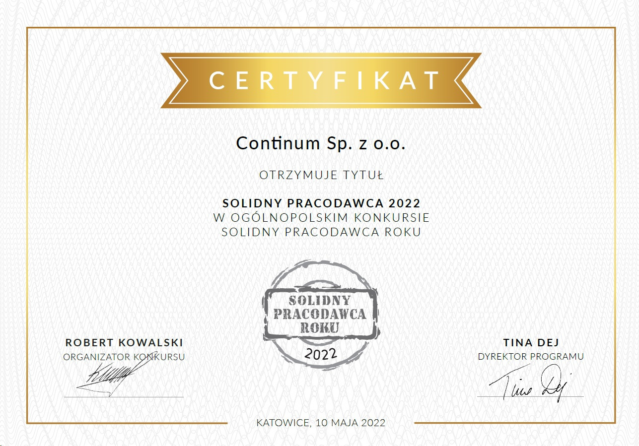 Certyfikat Solidny Pracodawca 2022 dla firmy Continuum Sp. z o.o. z Katowic, podpisany przez organizatora konkursu i dyrektora programu.