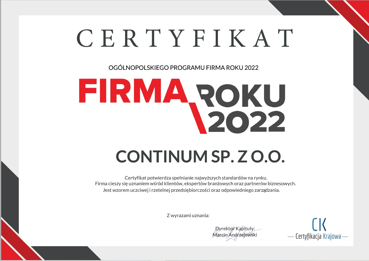 Certyfikat 'Firma Roku 2022' dla Continuum Sp. z o.o. z podpisem Dyrektora Kapituły Marcina Andrzejewskiego, potwierdzający spełnianie najwyższych standardów.