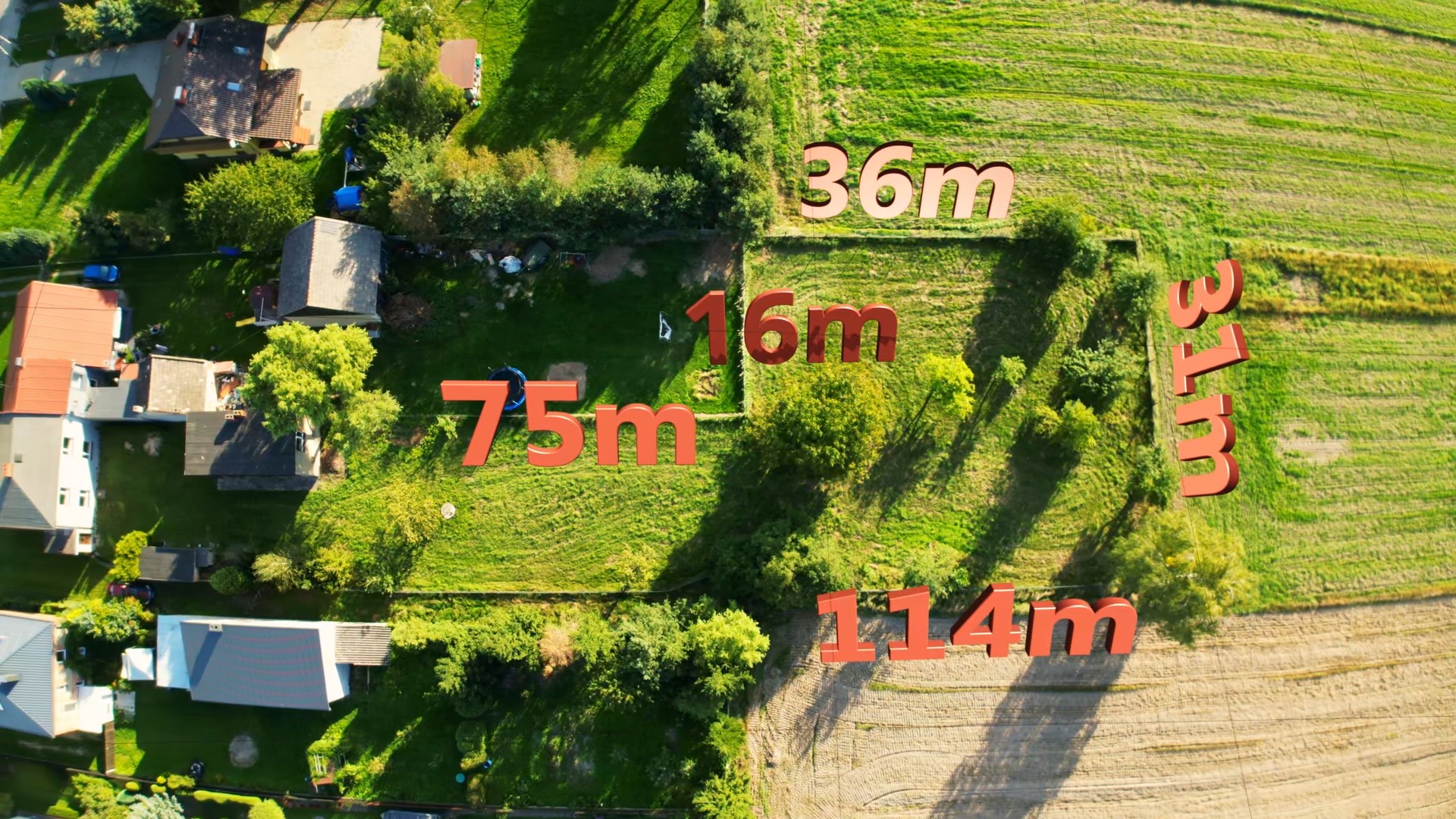 Zdjęcie z drona przedstawia działkę budowlaną z naniesionymi wymiarami w metrach (75m, 16m, 36m, 114m, 31m), otoczoną zabudową jednorodzinną i polami.