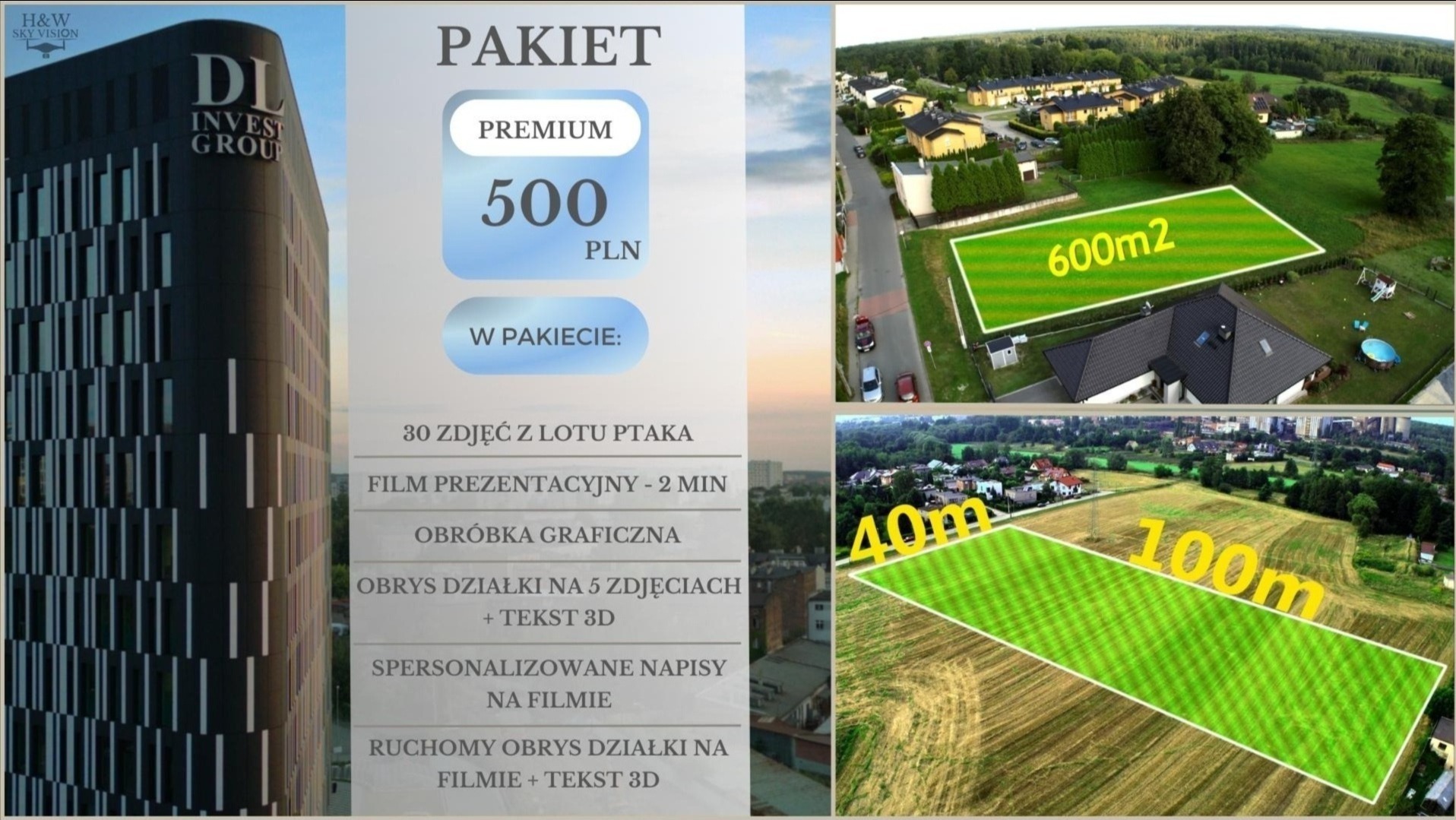 Grafika prezentująca pakiet premium usług, w skład którego wchodzą zdjęcia z lotu ptaka działek budowlanych, film prezentacyjny, obróbka graficzna oraz obrys działki na zdjęciach z tekstem 3D,...