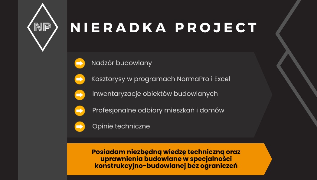 Slajd prezentacji firmy budowlanej Nieradka Project, oferującej nadzór budowlany, kosztorysy w NormaPro i Excel, inwentaryzacje obiektów budowlanych, odbiory mieszkań i domów oraz opinie techniczne...