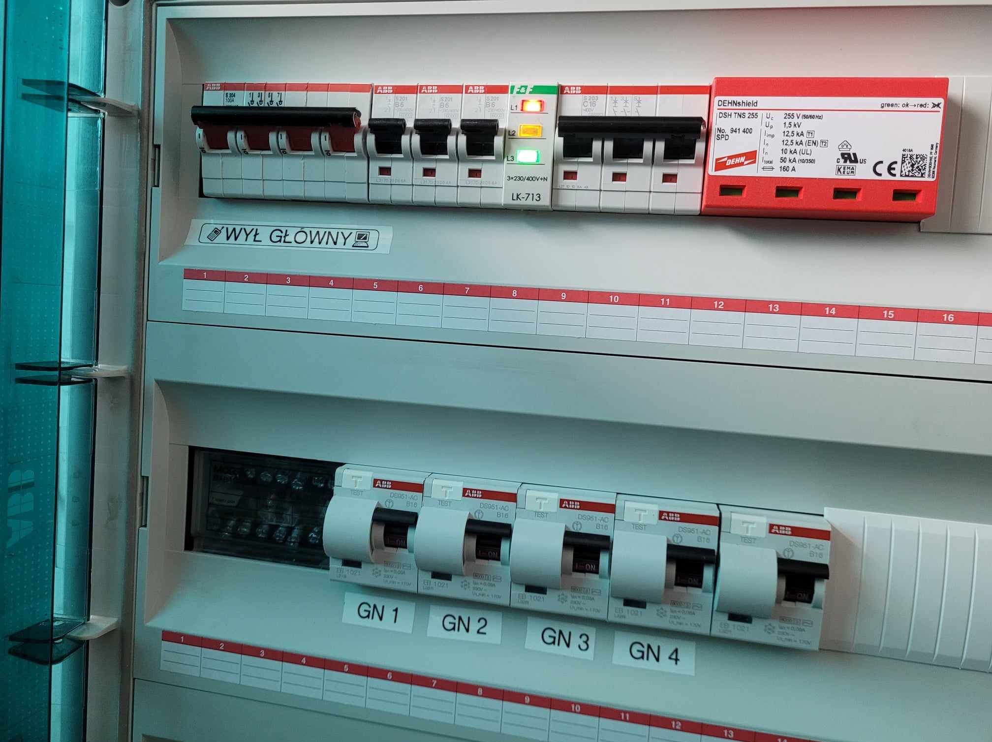 Rozdzielnica elektryczna z wyłącznikami różnicowoprądowymi i zabezpieczeniami przepięciowymi marki ABB i DEHN, widoczne oznaczenia GN1, GN2, GN3, GN4 oraz naklejka informacyjna 'Wyłącznik główny'.
