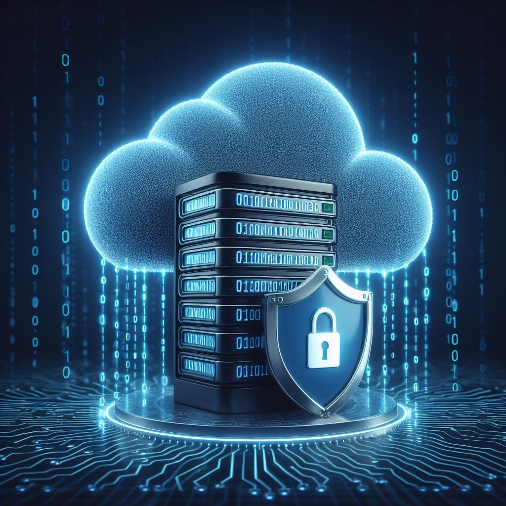 Graficzna reprezentacja chmury obliczeniowej z serwerem i tarczą z kłódką, symbolizująca bezpieczeństwo danych w sieci.