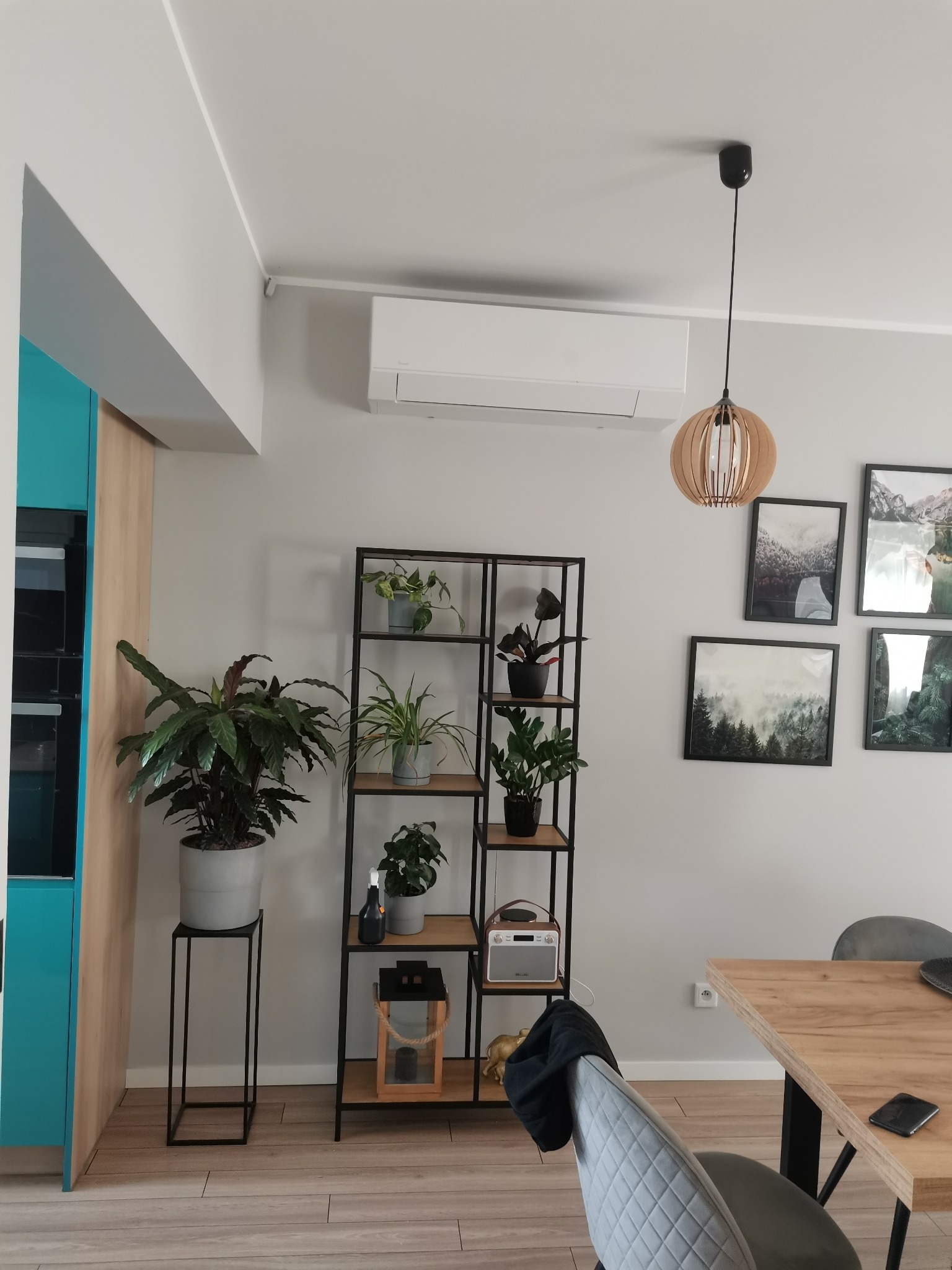 Wnętrze salonu z zamontowanym klimatyzatorem ściennym, półką z roślinami doniczkowymi, drewnianym stołem i wiszącą lampą z drewnianymi elementami.