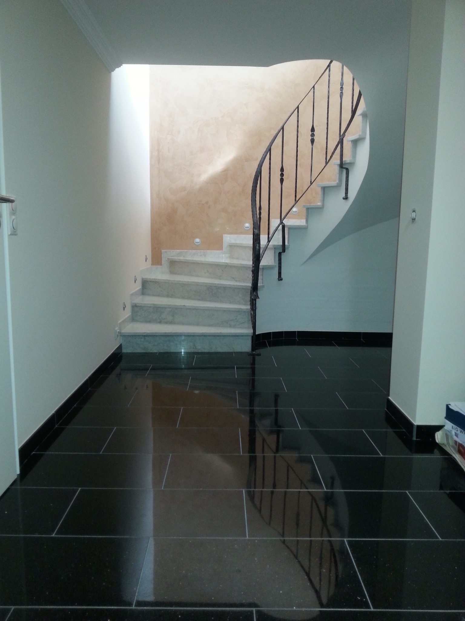 Klatka schodowa z marmurowymi schodami i czarną, błyszczącą podłogą z płytek, widoczne metalowe balustrady i oświetlenie schodowe.