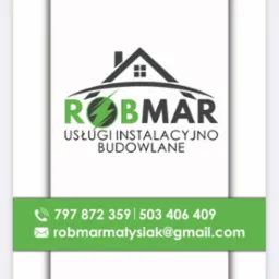 Logo firmy ROBMAR, świadczącej usługi instalacyjno-budowlane, z symbolem domu i błyskawicy, oraz danymi kontaktowymi: numerami telefonów i adresem e-mail.