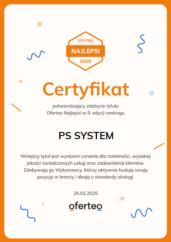 Certyfikat Oferteo Najlepsi 2025 dla PS SYSTEM, potwierdzający uznanie za rzetelność i wysoką jakość usług. Pomarańczowa ramka, minimalistyczny design.
