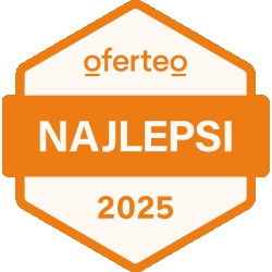 Pomarańczowa odznaka Oferteo „Najlepsi 2025” na białym tle. Grafika z napisem wewnątrz sześciokąta, promująca wyróżnienie w serwisie Oferteo.