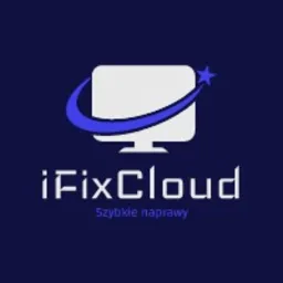 Logo firmy iFixCloud z motywem monitora i gwiazdy, napis 'Szybkie naprawy' na granatowym tle.