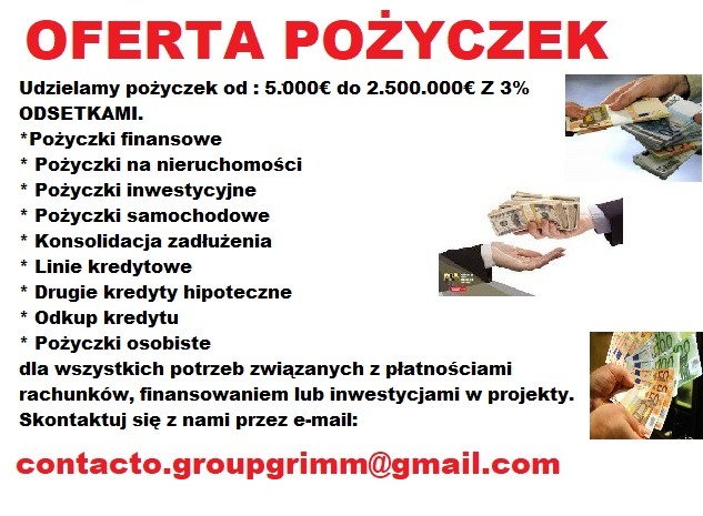 Ogłoszenie o pożyczkach z informacjami o kwotach, odsetkach i rodzajach pożyczek, z ilustracjami dłoni trzymających banknoty euro i dolarów.