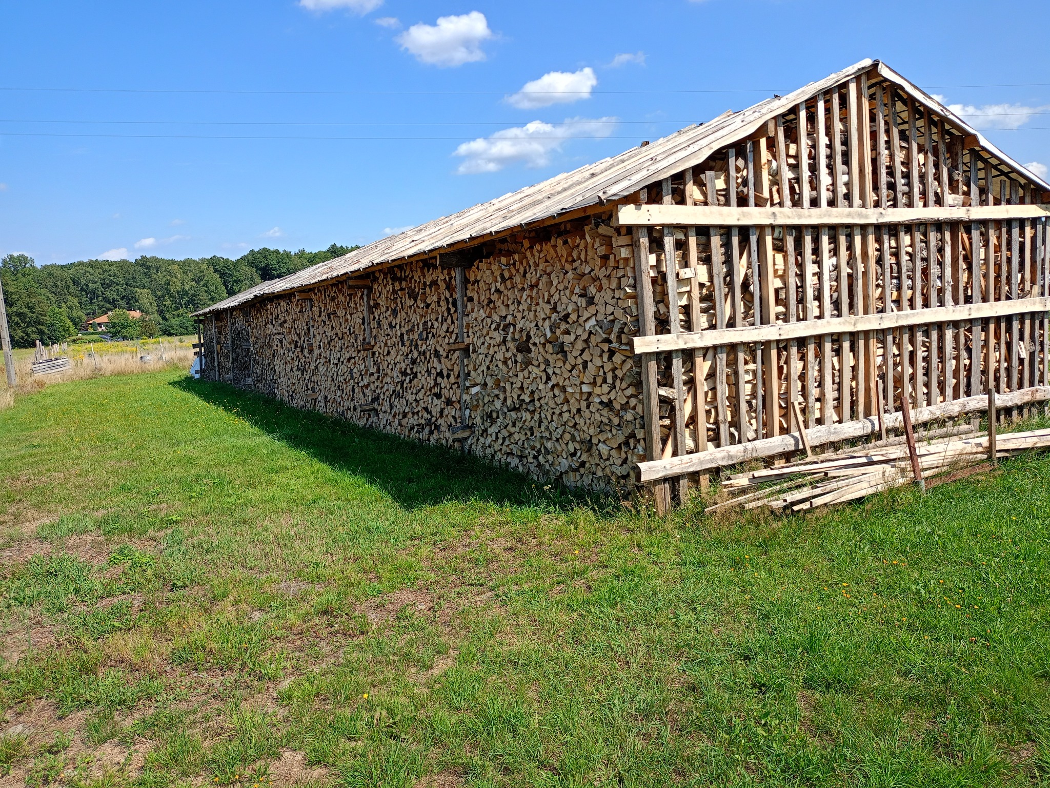 Długi, drewniany skład z ułożonym drewnem na opał, zadaszony, na tle zielonej łąki i lasu pod błękitnym niebem.