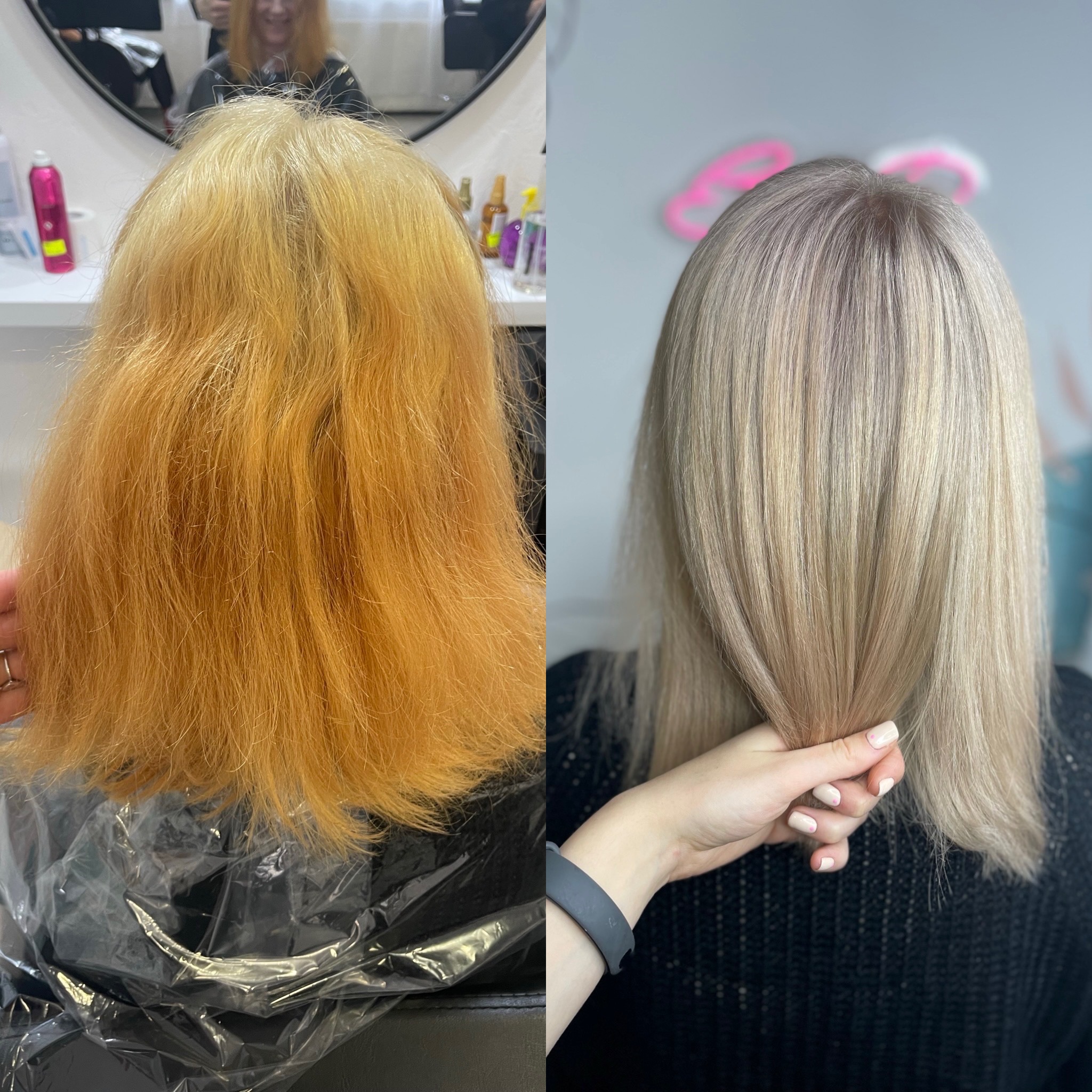 Porównanie włosów przed i po koloryzacji: od pomarańczowego, nierównego koloru do chłodnego blondu o jednolitym odcieniu.