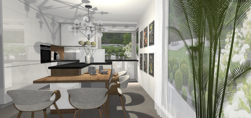 Wizualizacja nowoczesnej, jasnej kuchni z wyspą, drewnianym blatem i krzesłami z szarej tkaniny, oświetlona designerską lampą, z widokiem na ogród przez okno i dekoracjami ściennymi.