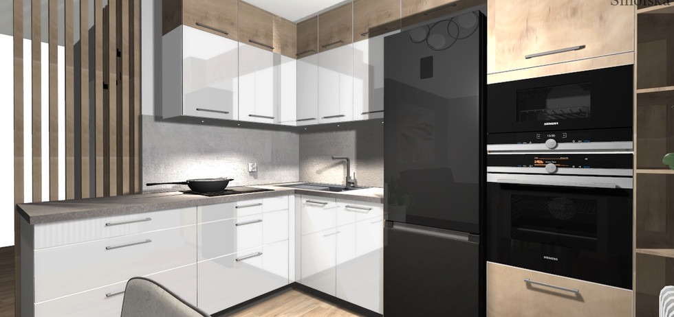 Wizualizacja nowoczesnej kuchni z białymi, lakierowanymi frontami szafek dolnych i górnych, blatem w odcieniach szarości, czarną lodówką side-by-side oraz zabudowaną piekarnikiem i mikrofalówką...